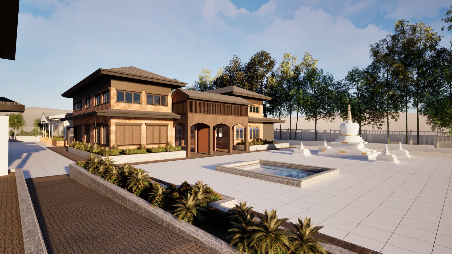 A view from the side of the temple looking towards the stupa